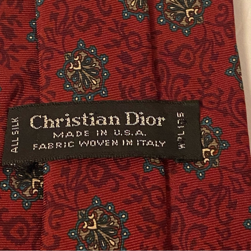 CHRISTIAN DIOR MENS TIE DARK RED SCROLLS BLUE SILK ACCESSORY DESIGNER LUXURY USA - Picture 7 of 7